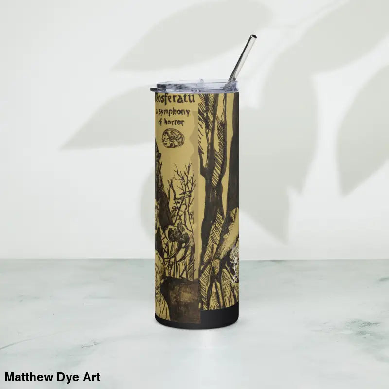 Horror-themed Nosferatu stainless steel tumbler featuring gothic artwork and straw