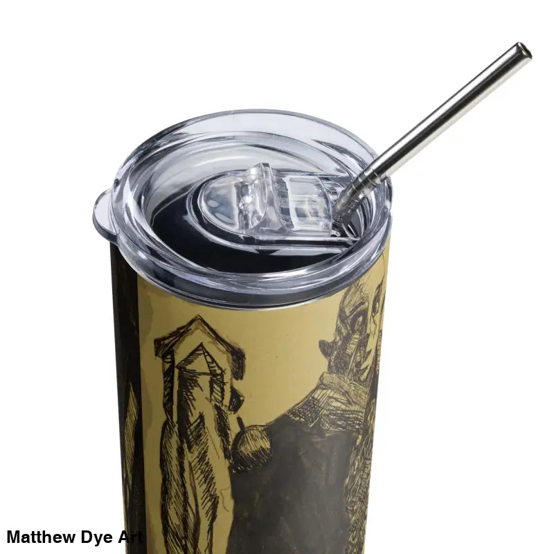 Insulated stainless steel tumbler with straw featuring Nosferatu artwork for gothic horror fans