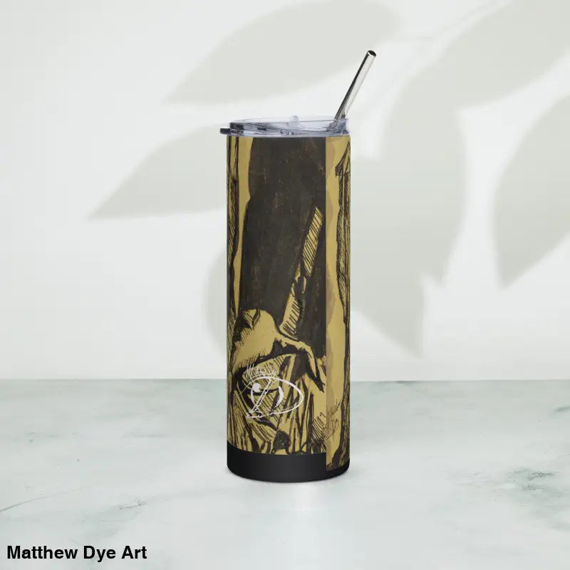 Insulated tumbler with straw featuring Nosferatu artwork in stainless steel design
