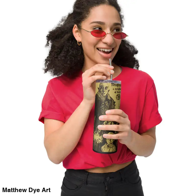 Printed tumbler with straw featuring Nosferatu artwork, a Gothic Horror stainless steel design