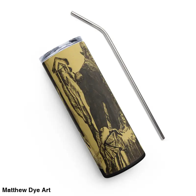Printed Nosferatu stainless steel tumbler with metal straw featuring gothic artwork