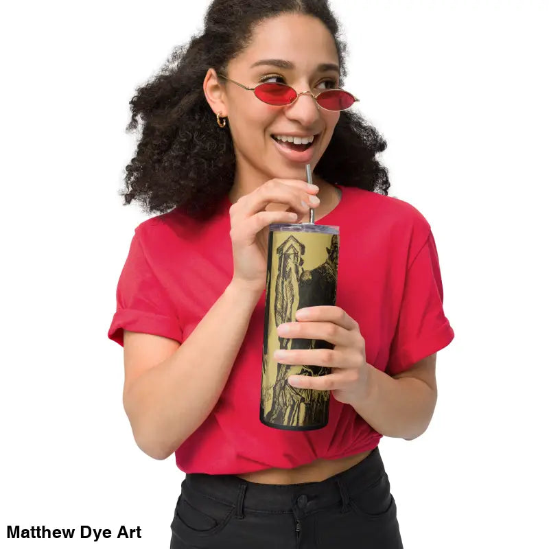 Insulated tumbler with straw featuring Nosferatu stainless steel Gothic artwork