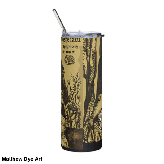Nosferatu-themed stainless steel tumbler with straw featuring gothic horror artwork