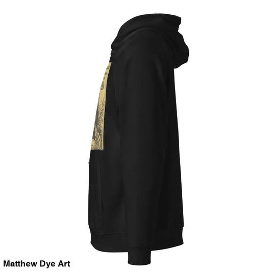 Black hooded sweatshirt featuring Count Orlok graphic, Nosferatu Unisex Eco design