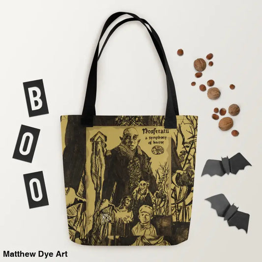 Nosferatu-themed tote bag showcasing classic horror design for Halloween festivities