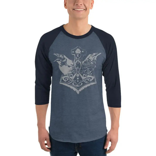 Gray and navy blue Viking baseball-style t-shirt with Norse wolf design and ravens print