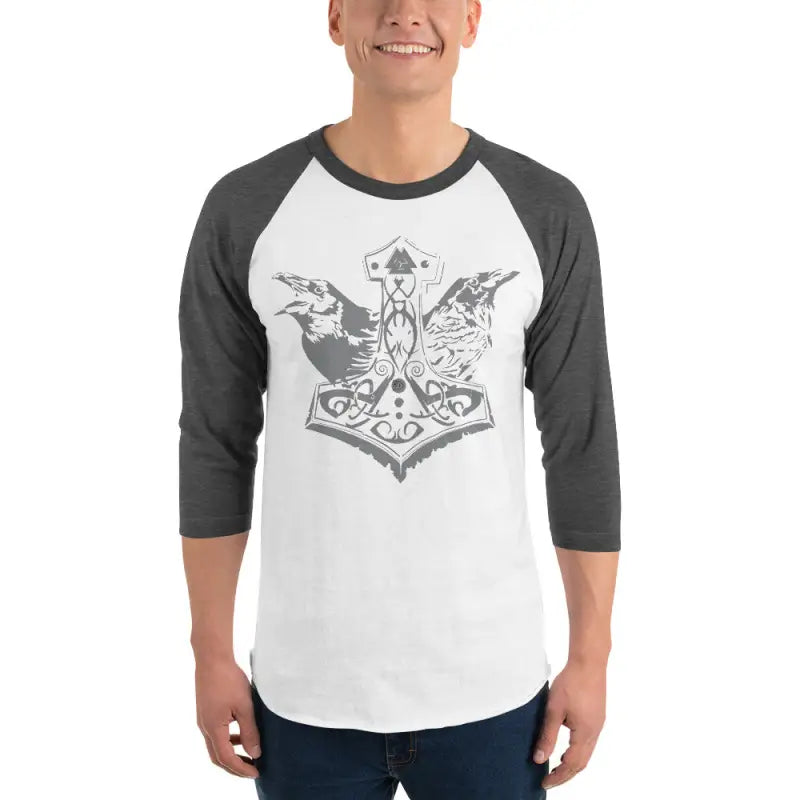 Oath of the Raven | Unisex Mjölnir Viking Baseball Tee - White/Heather Charcoal / XS / Adults - Clothing