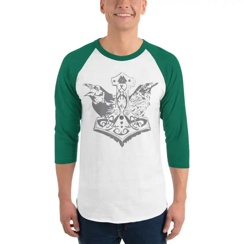 White and green Viking ravens baseball-style raglan T-shirt with symmetrical grey wolf design