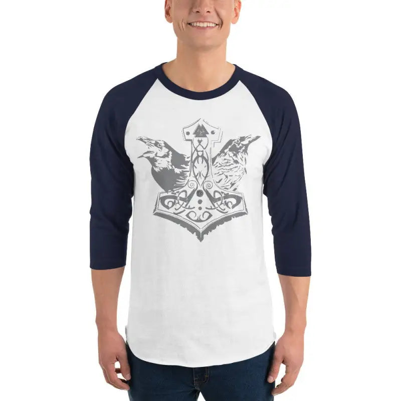 Oath of the Raven | Unisex Mjölnir Viking Baseball Tee - White/Navy / XS / Adults - Clothing