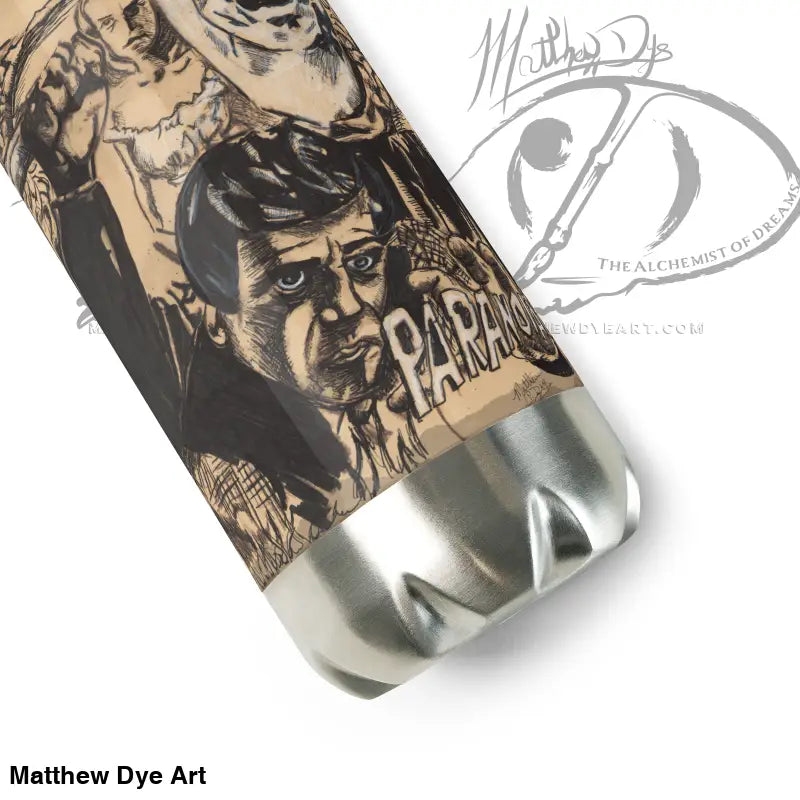 Metallic drink container featuring vintage artwork by visionary artist Matthew Dye