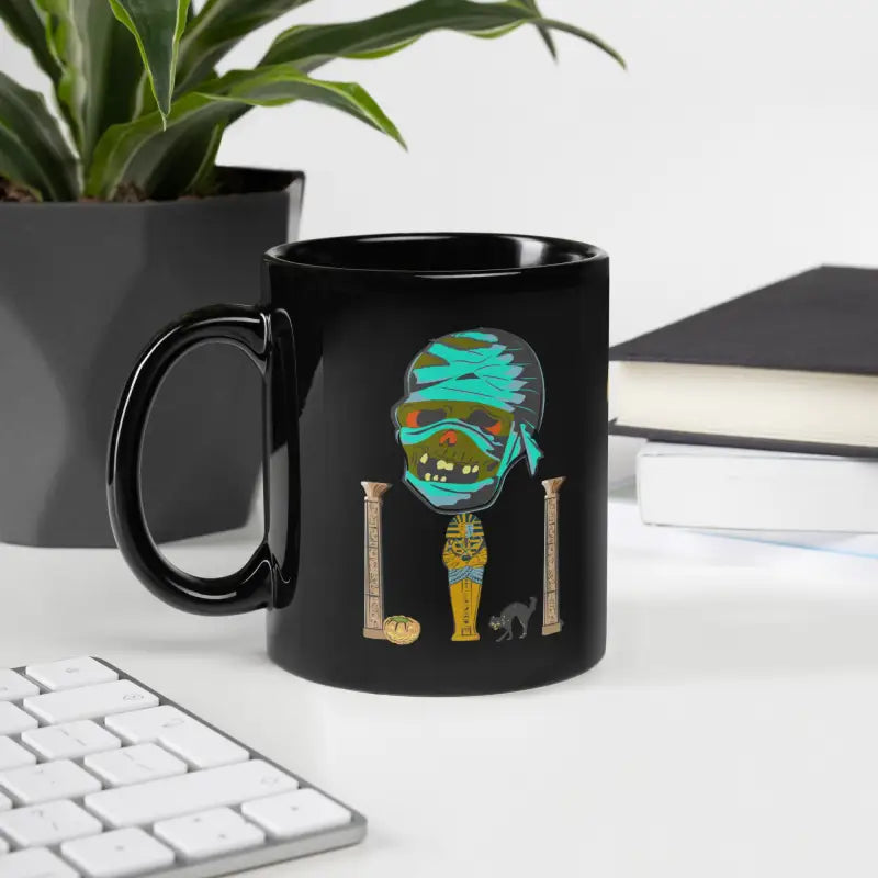Black glossy mug featuring nostalgic mummy art from the Pharaoh’s Curse Mug collection