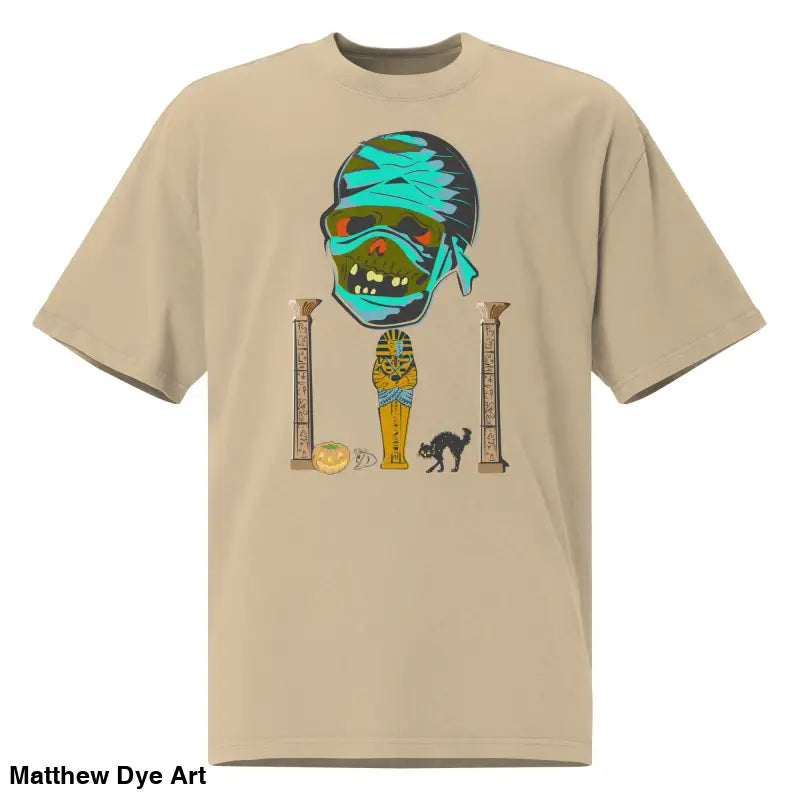Beige mummy unisex oversized faded t-shirt with nostalgic Halloween design art