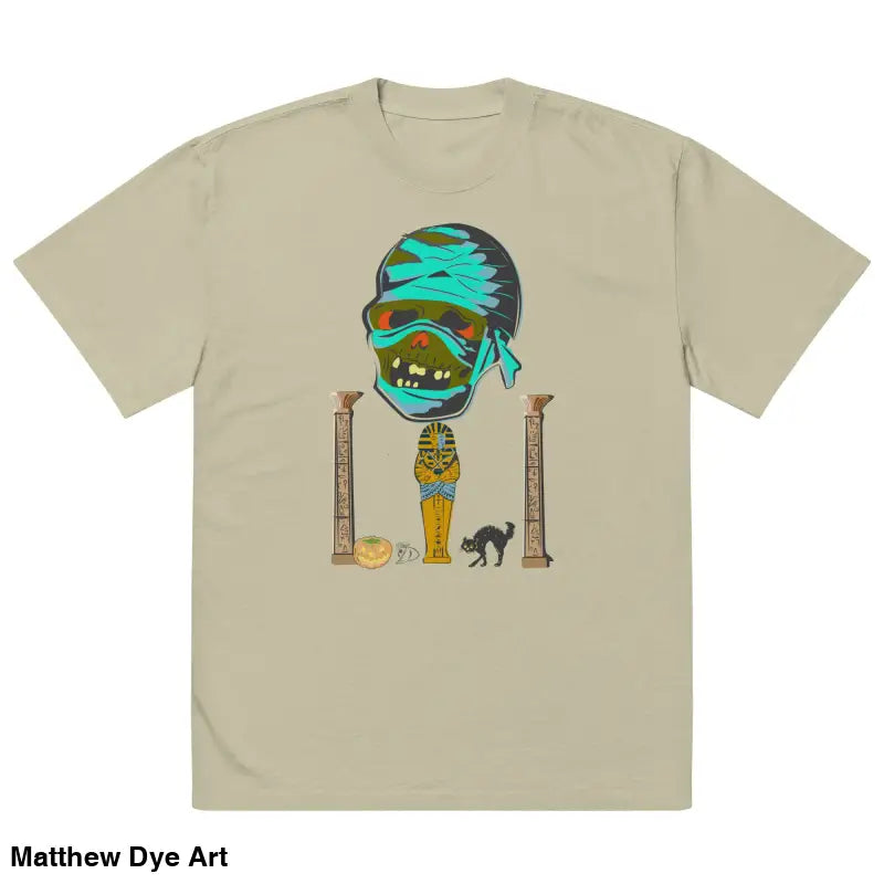 Beige mummy unisex oversized faded t-shirt with surreal Halloween design