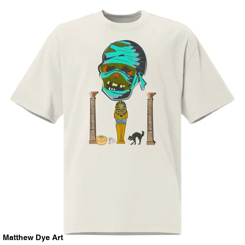 Off-white unisex oversized faded t-shirt featuring a surreal mummy graphic design