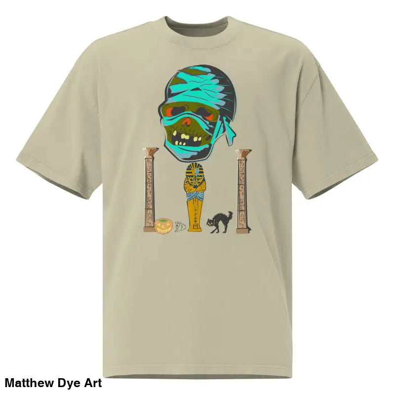 Beige mummy unisex oversized faded t-shirt with nostalgic Halloween design