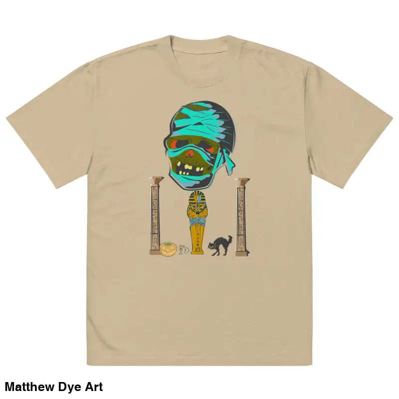 Beige mummy graphic on unisex oversized faded t-shirt with nostalgic Halloween design