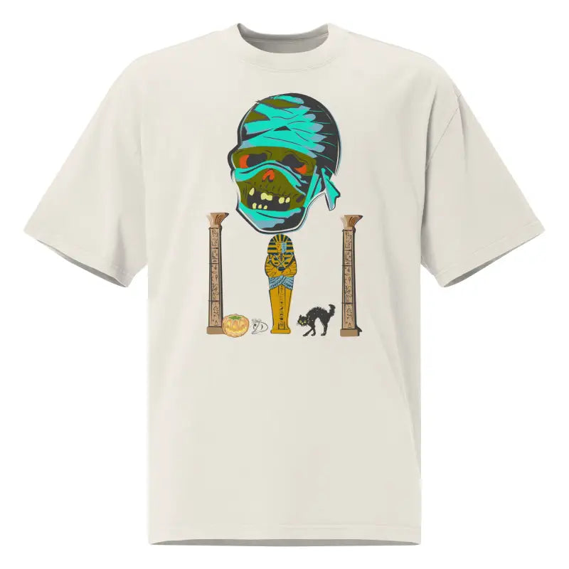 Off-white mummy graphic on Pharaoh’s Curse oversized tee, unisex faded Halloween art