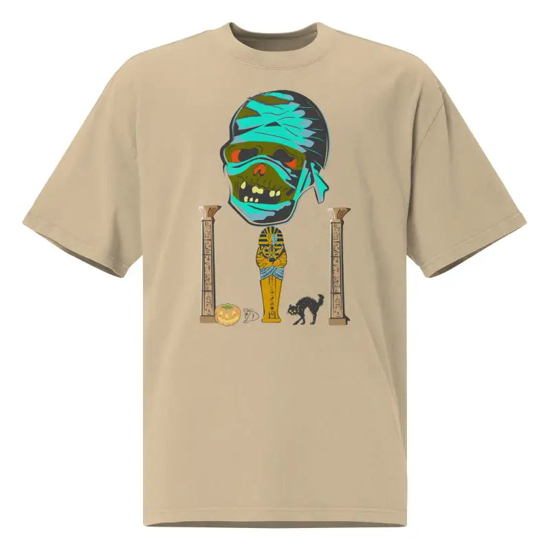 Beige Mummy Graphic on Pharaoh’s Curse Unisex Oversized Faded T-shirt, Surreal Halloween Design