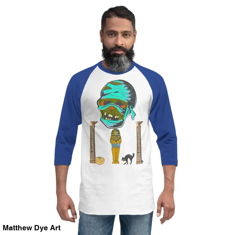 Man in Pharaoh’s Curse Raglan featuring Matthew Dye art with twisted vintage Halloween style