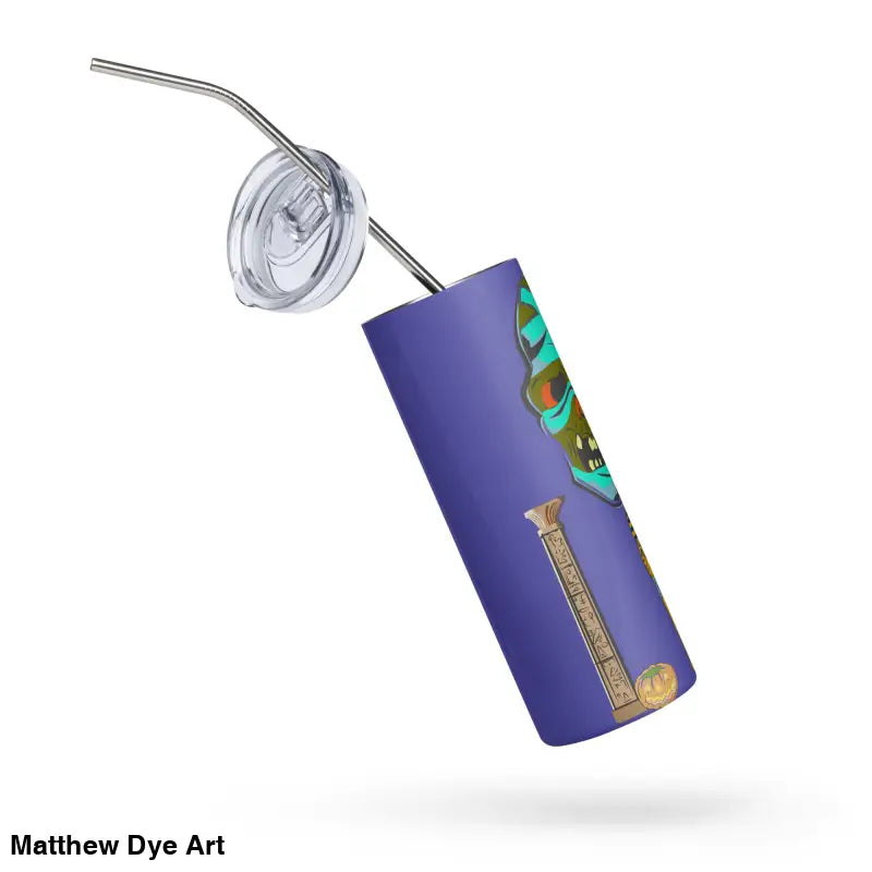 Purple stainless steel tumbler with straw from Matthew Dye Art’s cute Halloween collection