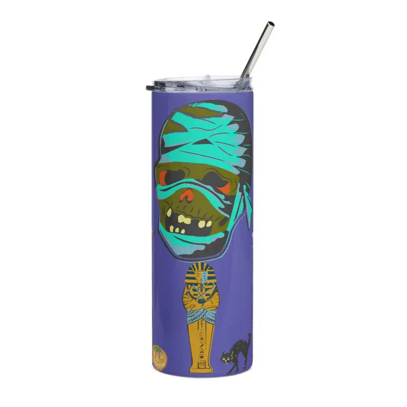 Purple mummy-themed stainless steel tumbler from Matthew Dye Art in a cute Halloween collection