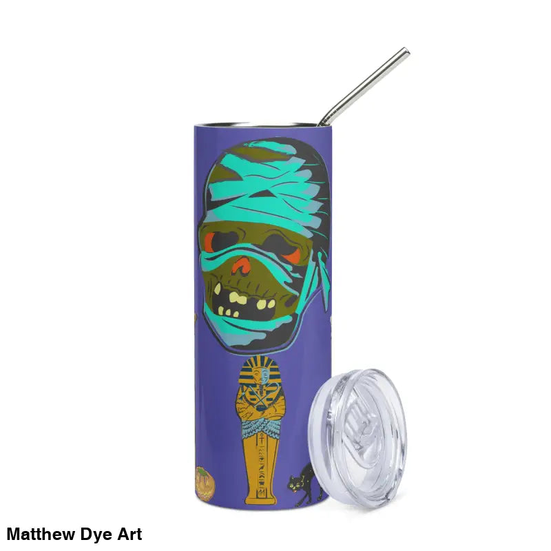 Purple stainless steel tumbler with straw, part of the Matthew Dye Art cute Halloween collection