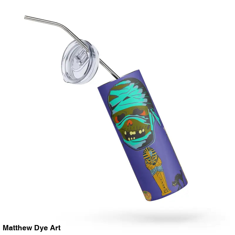 Purple mummy-themed stainless steel tumbler from Matthew Dye Art, perfect for Halloween