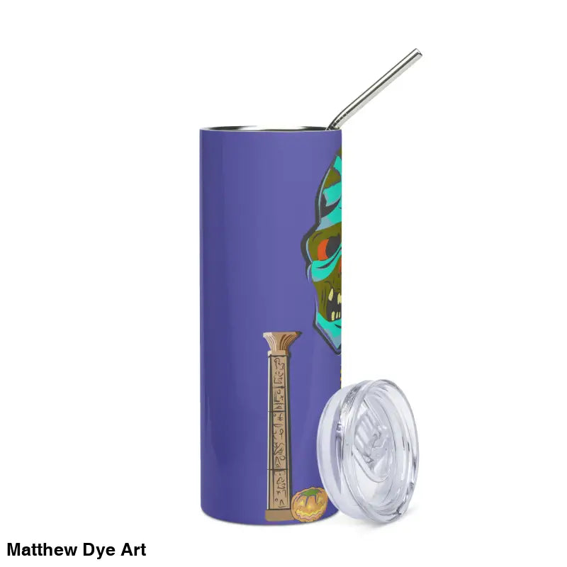 Purple stainless steel tumbler with straw featuring Mummy design from Matthew Dye Art