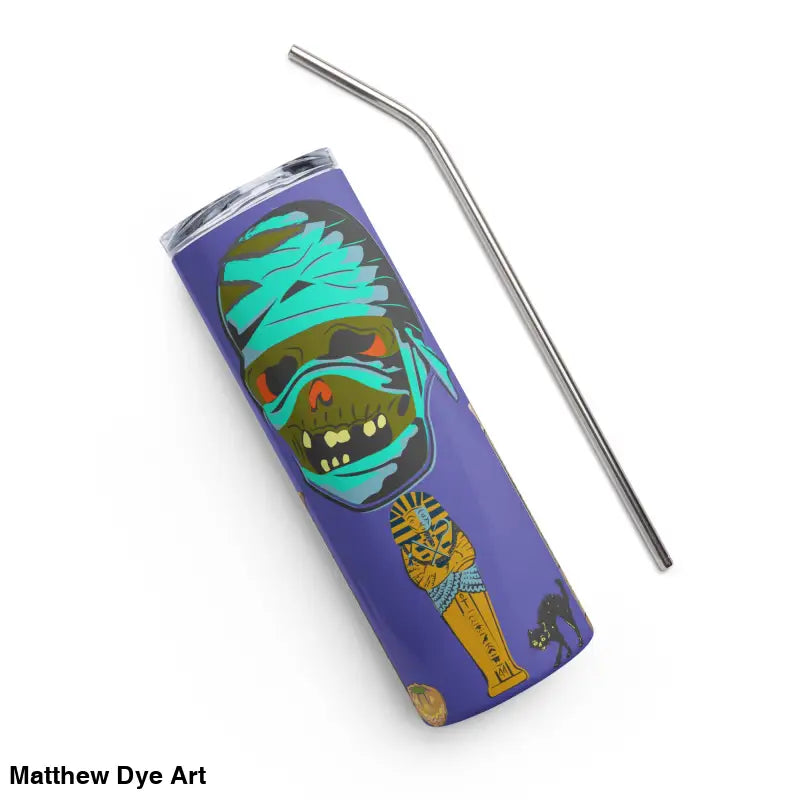 Purple mummy-themed stainless steel tumbler from Matthew Dye Art in a cute Halloween collection