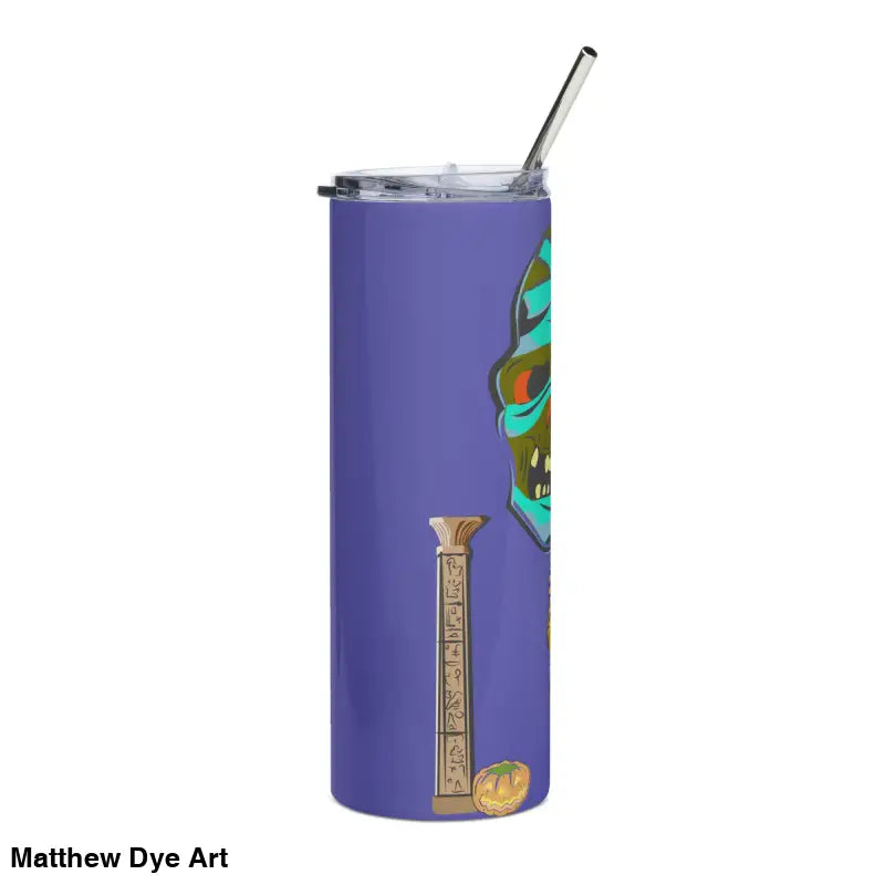 Purple stainless steel tumbler with Mummy design from Matthew Dye art in cute Halloween collection