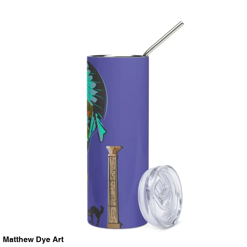 Purple stainless steel tumbler featuring Matthew Dye art in a Halloween-themed design