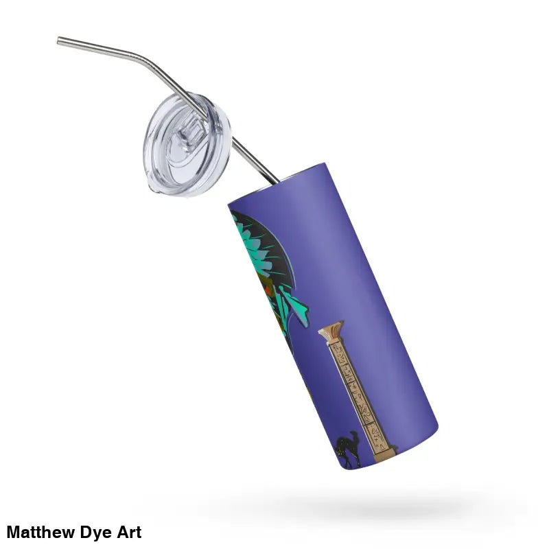 Purple stainless steel tumbler featuring Matthew Dye art in Egyptian design for Halloween