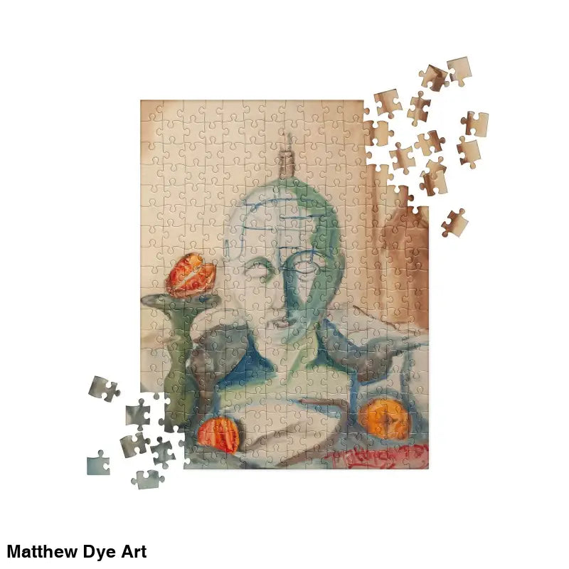 Partially completed phrenology jigsaw puzzle featuring Matthew Dye’s exquisite oil painting
