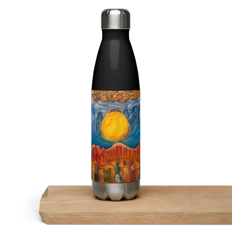 Stainless steel tumbler featuring colorful desert landscape art for above and below cosmic themes