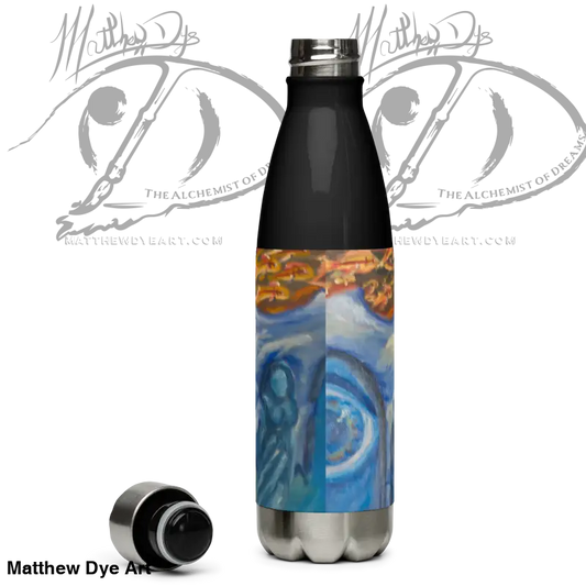 Stainless steel tumbler featuring artistic blue and orange cosmic art design