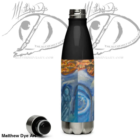 Stainless steel tumbler featuring artistic blue and orange cosmic art design