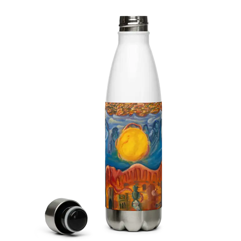 Stainless steel tumbler with colorful desert landscape art and bright sun for daily hydration