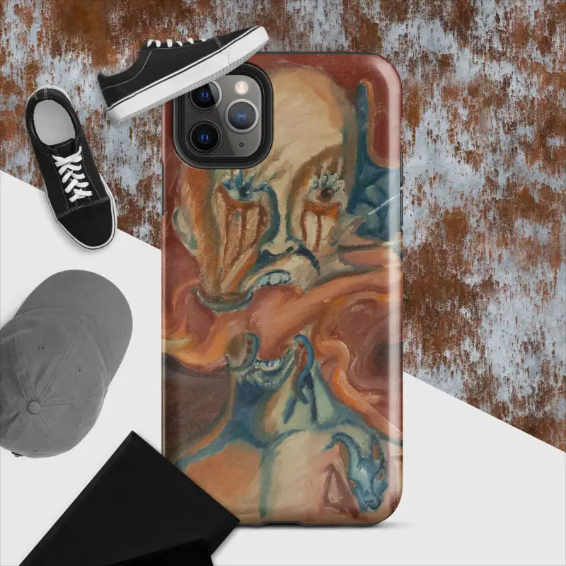 Marbled phone case with orange and blue patterns for artistic iPhone protection