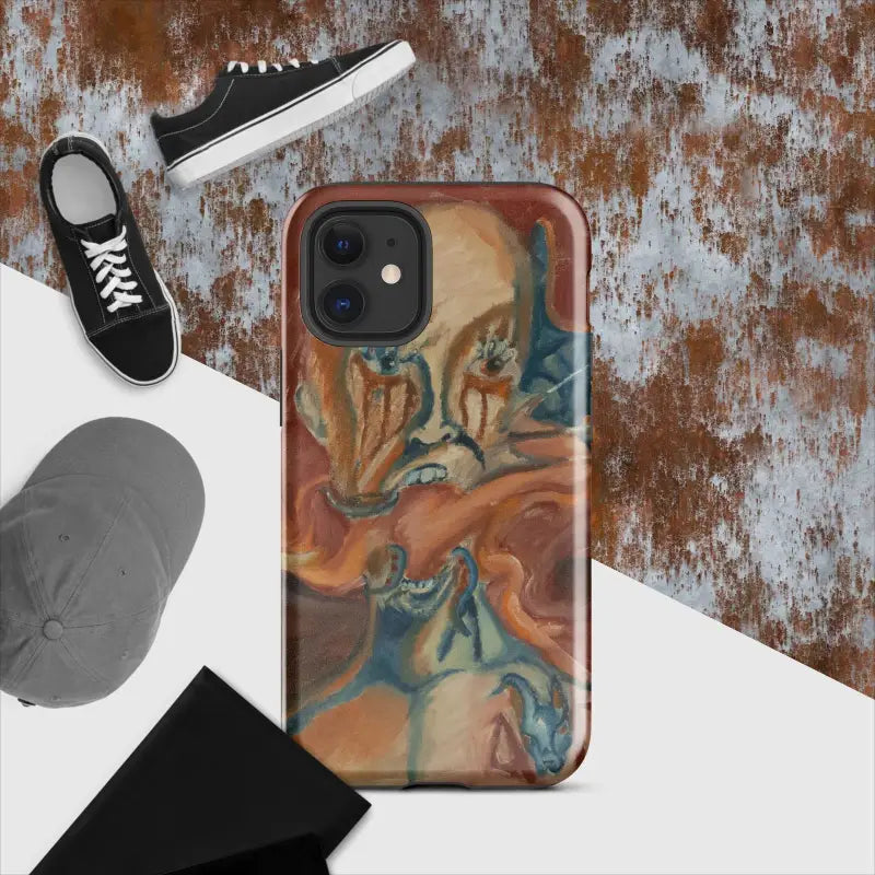 Artistic iPhone case featuring a swirling abstract marble pattern in orange, brown, and blue