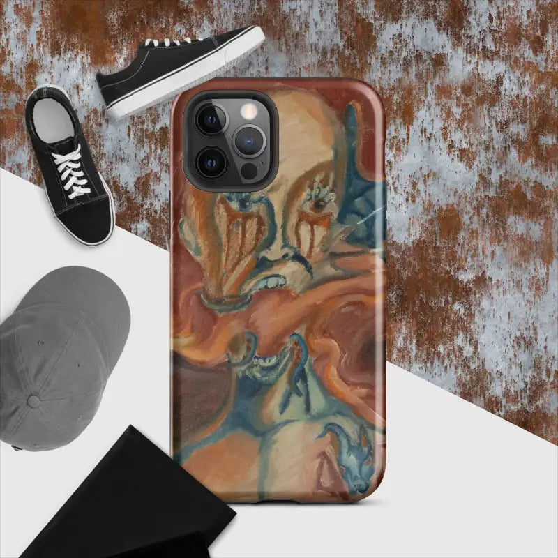 Artistic iPhone case featuring a swirling marble pattern in orange, brown, and blue
