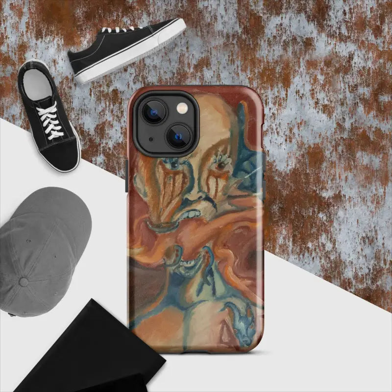 Artistic iPhone case featuring swirling orange, brown, and blue marble pattern for protection