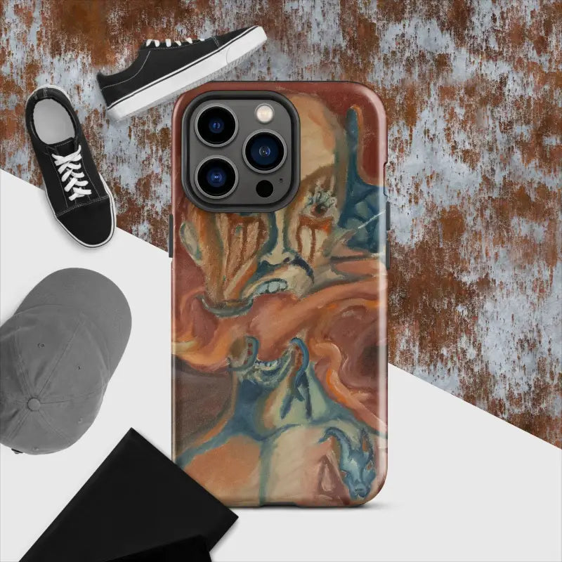 Artistic iPhone case featuring swirling orange and blue marble-like pattern design