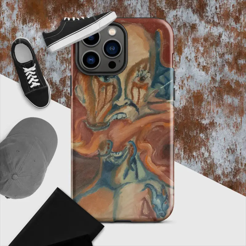 Artistic iPhone case featuring a swirling orange, brown, and blue marble pattern design
