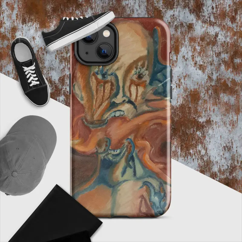 Artistic iPhone case featuring swirling marble pattern in peach, brown, and teal hues