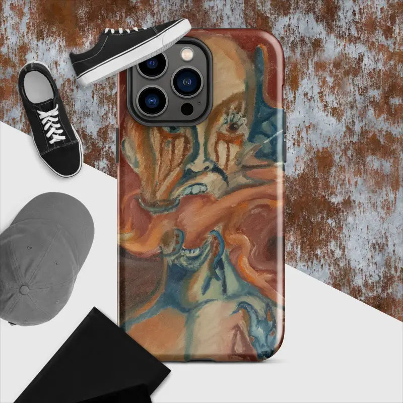 Artistic iPhone case featuring a swirling marble pattern in orange, blue, and white
