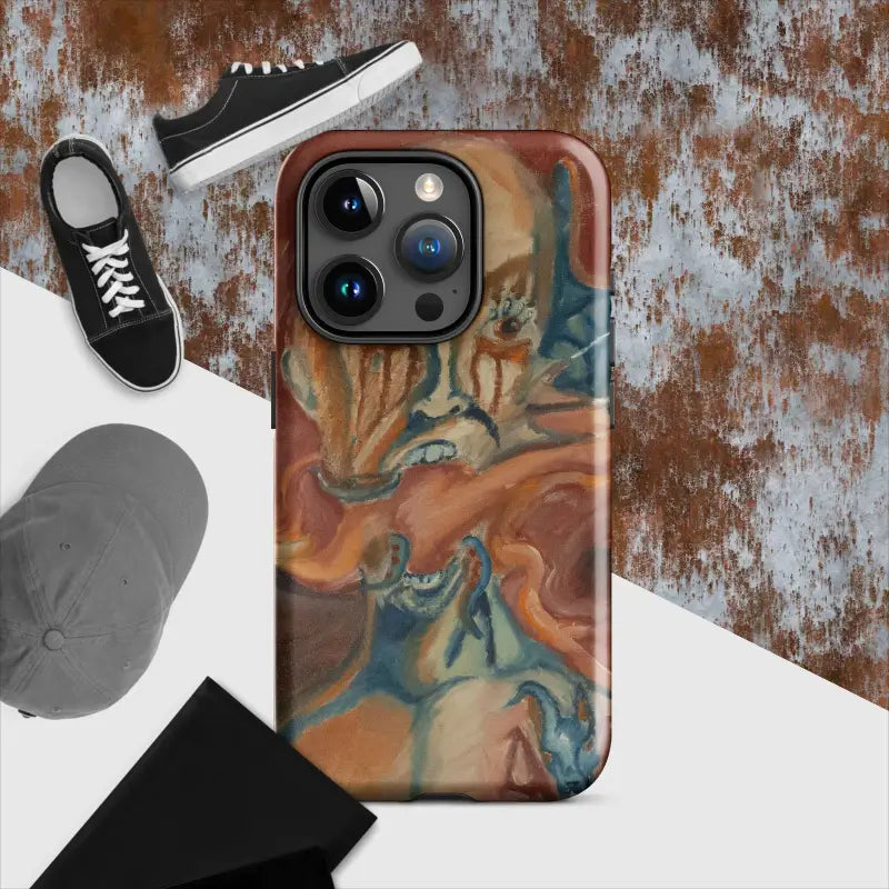 Artistic iPhone case featuring a swirling orange and blue marble pattern for protection
