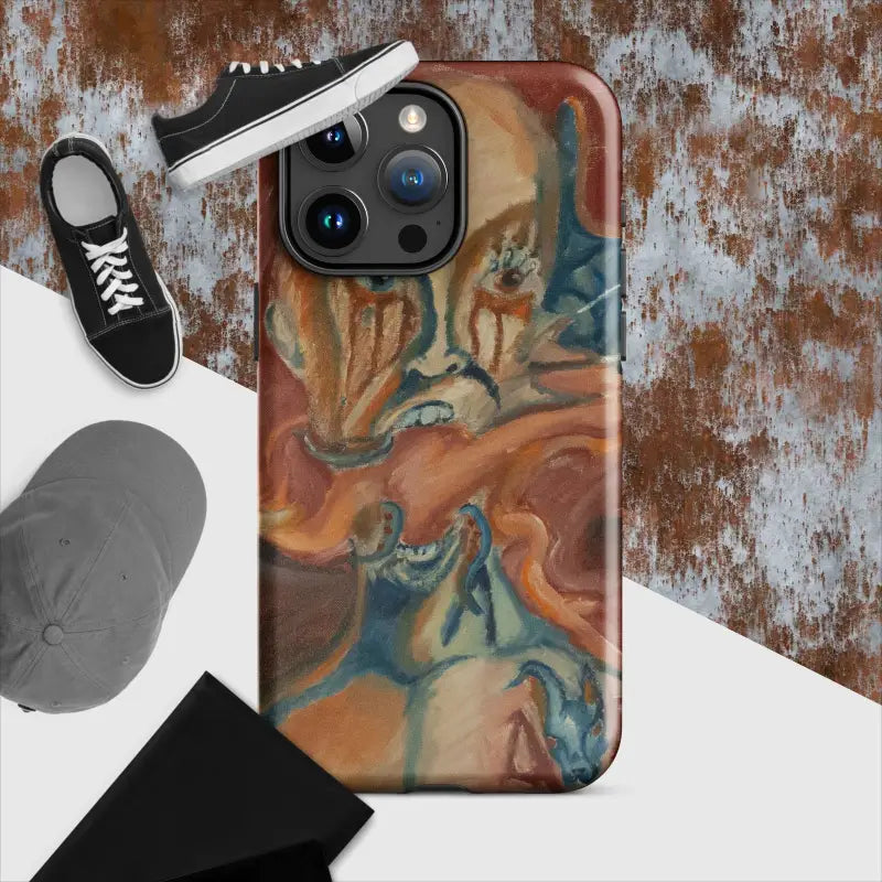 Artistic iPhone case featuring a swirling orange and teal marble pattern for protection