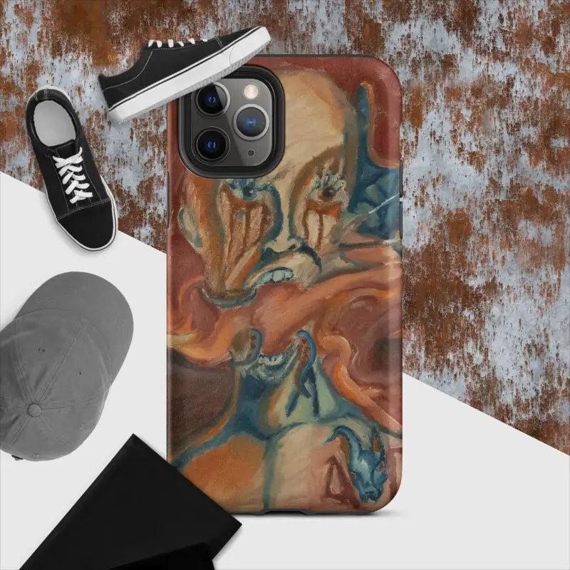 Artistic iPhone phone case featuring swirling orange, brown, and teal marble pattern