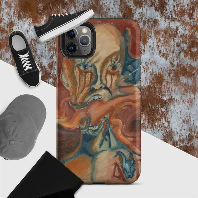 Artistic iPhone case featuring a swirling orange and teal marble pattern