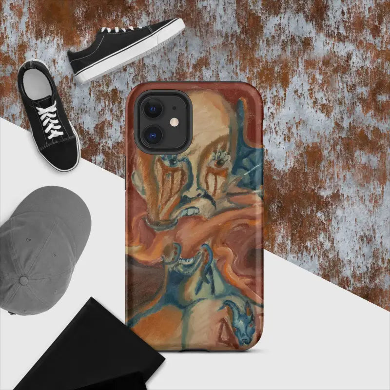 Artistic iPhone case featuring a swirling brown, orange, and blue marble pattern